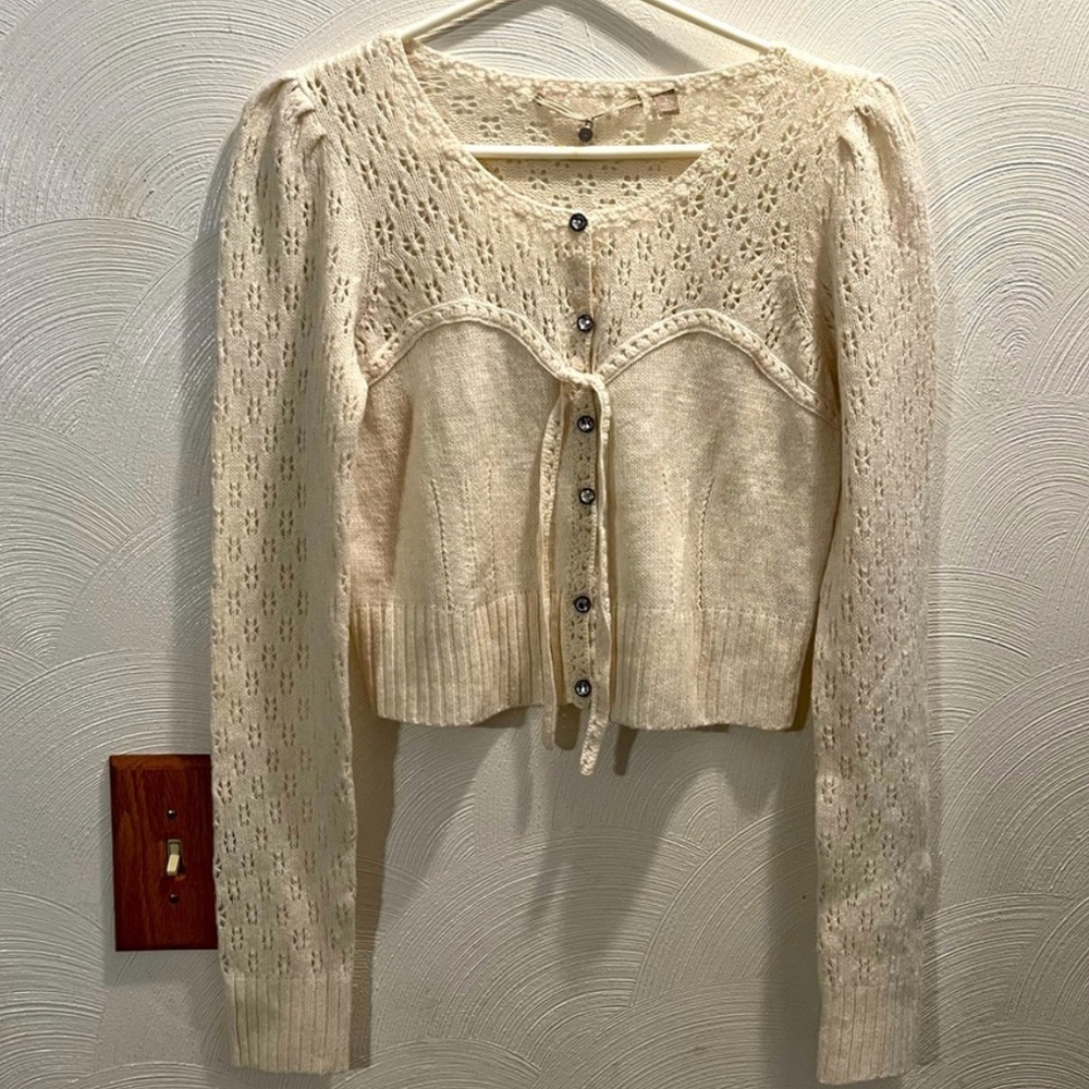 Y2K mini ivory Lace-Knit Button-Front tie front Women's Sweater Cardigan